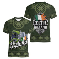 Celtic Ireland Women V-Neck T-Shirt with Irish Flag Castle and Knotwork Design