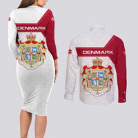 Denmark Couples Matching Long Sleeve Bodycon Dress and Long Sleeve Button Shirt with Cityscape Print and Royal Coat of Arms Design