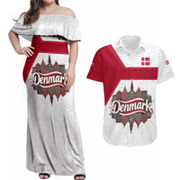 Denmark Couples Matching Off Shoulder Maxi Dress and Hawaiian Shirt with Cityscape Print and Royal Coat of Arms Design