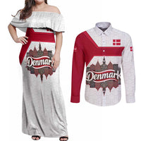 Denmark Couples Matching Off Shoulder Maxi Dress and Long Sleeve Button Shirt with Cityscape Print and Royal Coat of Arms Design