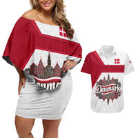 Denmark Couples Matching Off Shoulder Short Dress and Hawaiian Shirt with Cityscape Print and Royal Coat of Arms Design