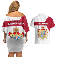 Denmark Couples Matching Off Shoulder Short Dress and Hawaiian Shirt with Cityscape Print and Royal Coat of Arms Design