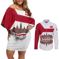 Denmark Couples Matching Off Shoulder Short Dress and Long Sleeve Button Shirt with Cityscape Print and Royal Coat of Arms Design
