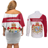 Denmark Couples Matching Off Shoulder Short Dress and Long Sleeve Button Shirt with Cityscape Print and Royal Coat of Arms Design