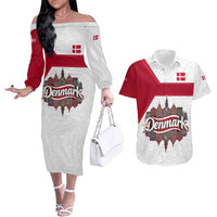 Denmark Couples Matching Off The Shoulder Long Sleeve Dress and Hawaiian Shirt with Cityscape Print and Royal Coat of Arms Design