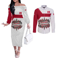 Denmark Couples Matching Off The Shoulder Long Sleeve Dress and Long Sleeve Button Shirt with Cityscape Print and Royal Coat of Arms Design