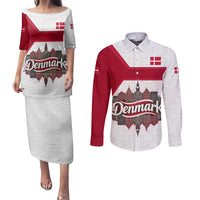 Denmark Couples Matching Puletasi and Long Sleeve Button Shirt with Cityscape Print and Royal Coat of Arms Design
