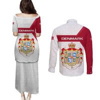Denmark Couples Matching Puletasi and Long Sleeve Button Shirt with Cityscape Print and Royal Coat of Arms Design
