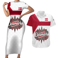 Denmark Couples Matching Short Sleeve Bodycon Dress and Hawaiian Shirt with Cityscape Print and Royal Coat of Arms Design