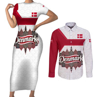Denmark Couples Matching Short Sleeve Bodycon Dress and Long Sleeve Button Shirt with Cityscape Print and Royal Coat of Arms Design