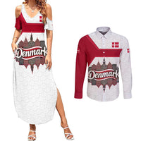 Denmark Couples Matching Summer Maxi Dress and Long Sleeve Button Shirt with Cityscape Print and Royal Coat of Arms Design