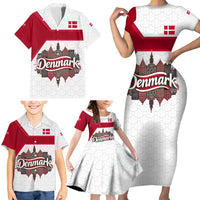 Denmark Family Matching Short Sleeve Bodycon Dress and Hawaiian Shirt with Cityscape Print and Royal Coat of Arms Design