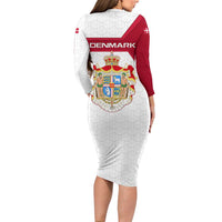 Denmark Long Sleeve Bodycon Dress with Cityscape Print and Royal Coat of Arms Design