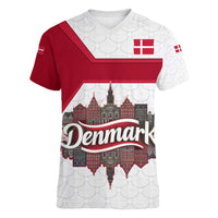 Denmark Women V-Neck T-Shirt with Cityscape Print and Royal Coat of Arms Design