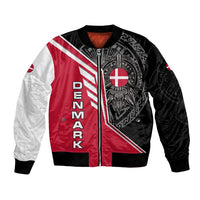 Denmark Flag Bomber Jacket with Viking Rune Pattern and Nordic Crest Design - Wonder Print Shop