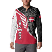 Denmark Flag Button Sweatshirt with Viking Rune Pattern and Nordic Crest Design - Wonder Print Shop