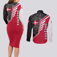 Denmark Flag Couples Matching Long Sleeve Bodycon Dress and Long Sleeve Button Shirt with Viking Rune Pattern and Nordic Crest Design - Wonder Print Shop