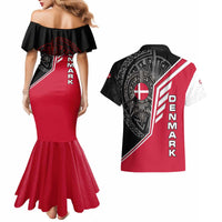 Denmark Flag Couples Matching Mermaid Dress and Hawaiian Shirt with Viking Rune Pattern and Nordic Crest Design - Wonder Print Shop