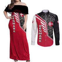Denmark Flag Couples Matching Off Shoulder Maxi Dress and Long Sleeve Button Shirt with Viking Rune Pattern and Nordic Crest Design - Wonder Print Shop