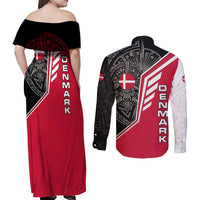 Denmark Flag Couples Matching Off Shoulder Maxi Dress and Long Sleeve Button Shirt with Viking Rune Pattern and Nordic Crest Design - Wonder Print Shop