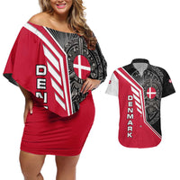 Denmark Flag Couples Matching Off Shoulder Short Dress and Hawaiian Shirt with Viking Rune Pattern and Nordic Crest Design - Wonder Print Shop