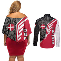 Denmark Flag Couples Matching Off Shoulder Short Dress and Long Sleeve Button Shirt with Viking Rune Pattern and Nordic Crest Design - Wonder Print Shop