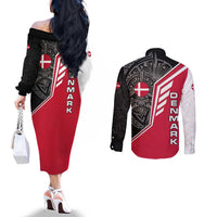 Denmark Flag Couples Matching Off The Shoulder Long Sleeve Dress and Long Sleeve Button Shirt with Viking Rune Pattern and Nordic Crest Design - Wonder Print Shop