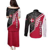 Denmark Flag Couples Matching Puletasi and Long Sleeve Button Shirt with Viking Rune Pattern and Nordic Crest Design - Wonder Print Shop