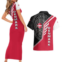 Denmark Flag Couples Matching Short Sleeve Bodycon Dress and Hawaiian Shirt with Viking Rune Pattern and Nordic Crest Design - Wonder Print Shop