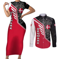 Denmark Flag Couples Matching Short Sleeve Bodycon Dress and Long Sleeve Button Shirt with Viking Rune Pattern and Nordic Crest Design - Wonder Print Shop