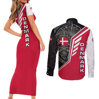 Denmark Flag Couples Matching Short Sleeve Bodycon Dress and Long Sleeve Button Shirt with Viking Rune Pattern and Nordic Crest Design - Wonder Print Shop