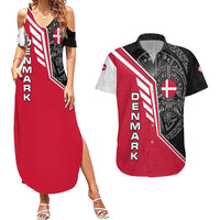 Denmark Flag Couples Matching Summer Maxi Dress and Hawaiian Shirt with Viking Rune Pattern and Nordic Crest Design - Wonder Print Shop