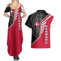 Denmark Flag Couples Matching Summer Maxi Dress and Hawaiian Shirt with Viking Rune Pattern and Nordic Crest Design - Wonder Print Shop