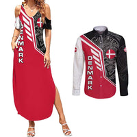 Denmark Flag Couples Matching Summer Maxi Dress and Long Sleeve Button Shirt with Viking Rune Pattern and Nordic Crest Design - Wonder Print Shop