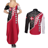 Denmark Flag Couples Matching Summer Maxi Dress and Long Sleeve Button Shirt with Viking Rune Pattern and Nordic Crest Design - Wonder Print Shop