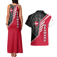 Denmark Flag Couples Matching Tank Maxi Dress and Hawaiian Shirt with Viking Rune Pattern and Nordic Crest Design - Wonder Print Shop