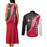 Denmark Flag Couples Matching Tank Maxi Dress and Long Sleeve Button Shirt with Viking Rune Pattern and Nordic Crest Design - Wonder Print Shop