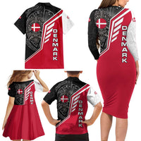 Denmark Flag Family Matching Long Sleeve Bodycon Dress and Hawaiian Shirt with Viking Rune Pattern and Nordic Crest Design - Wonder Print Shop