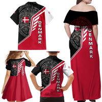 Denmark Flag Family Matching Off Shoulder Maxi Dress and Hawaiian Shirt with Viking Rune Pattern and Nordic Crest Design - Wonder Print Shop