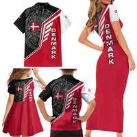 Denmark Flag Family Matching Short Sleeve Bodycon Dress and Hawaiian Shirt with Viking Rune Pattern and Nordic Crest Design - Wonder Print Shop