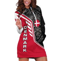 Denmark Flag Hoodie Dress with Viking Rune Pattern and Nordic Crest Design - Wonder Print Shop