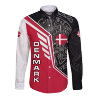Denmark Flag Long Sleeve Button Shirt with Viking Rune Pattern and Nordic Crest Design - Wonder Print Shop