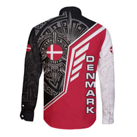 Denmark Flag Long Sleeve Button Shirt with Viking Rune Pattern and Nordic Crest Design - Wonder Print Shop