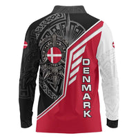 Denmark Flag Long Sleeve Polo Shirt with Viking Rune Pattern and Nordic Crest Design - Wonder Print Shop