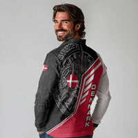 Denmark Flag Long Sleeve Polo Shirt with Viking Rune Pattern and Nordic Crest Design - Wonder Print Shop