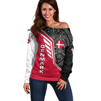 Denmark Flag Off Shoulder Sweater with Viking Rune Pattern and Nordic Crest Design - Wonder Print Shop