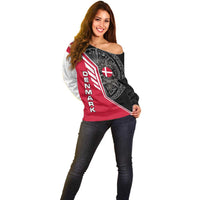Denmark Flag Off Shoulder Sweater with Viking Rune Pattern and Nordic Crest Design - Wonder Print Shop