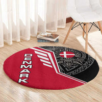 Denmark Flag Round Carpet with Viking Rune Pattern and Nordic Crest Design - Wonder Print Shop