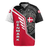 Denmark Flag Rugby Jersey with Viking Rune Pattern and Nordic Crest Design - Wonder Print Shop