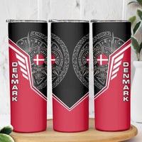 Denmark Flag Skinny Tumbler with Viking Rune Pattern and Nordic Crest Design - Wonder Print Shop